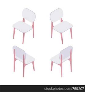 Group of isometric white chairs isolated on white background. Collection of chairs for office, bar and house vector cartoon illustration.. Group of isometric illustration of white chairs.