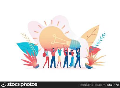 Group of joyful people holds a huge light bulb. Metaphor of the search for ideas. Concept of team office work, brainstorming, collaboration. Vector flat illustration.