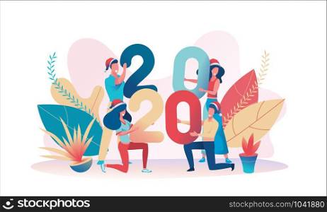 Group of joyful people in Santa Claus hats are holding numbers 2020. Metaphor of Christmas and New Year in office. Concept of teamwork in new year celebration corporate party. Vector flat illustration