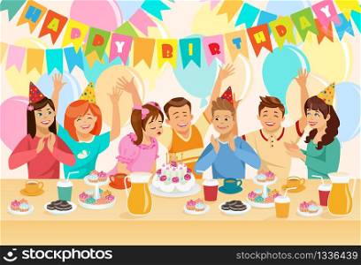 Group of Kids Celebrating Happy Birthday. Children at Table with Sweet Food Watching Girl Blowing Candles on Festive Cake on Colorful Balloons and Garland Background. Cartoon Flat Vector Illustration. Group of Children Celebrating Happy Birthday.