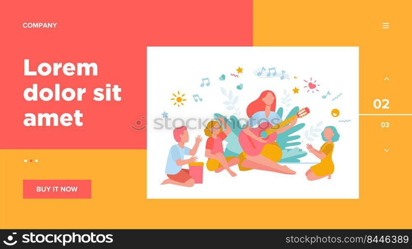 Group of kids clapping hands at their teacher playing guitar. Children enjoying music class outdoors. Can be used for daycare, education, musical school concepts