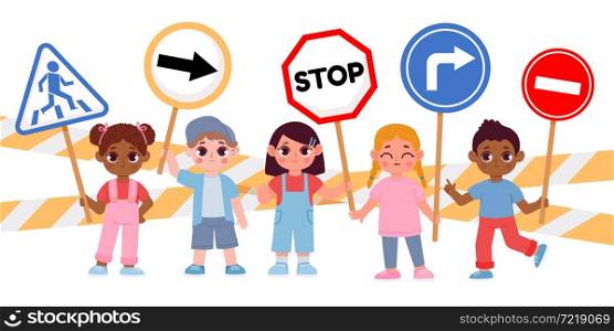 Group of kids holding stop road signs, caution for drivers. Boy and girl with traffic symbols. Children street safety cartoon vector concept. Young characters or pupils standing with signals. Group of kids holding stop road signs, caution for drivers. Boy and girl with traffic symbols. Children street safety cartoon vector concept