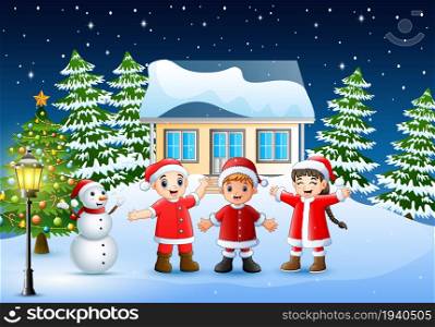 Group of kids in red santa costume joyful and laughing in the snowy village