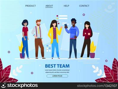 Group of Male and Female Characters Office Employees Best Team. Business People Working Together in Company. Cheerful Men and Women Team Working. Cartoon Flat Vector Illustration. Horizontal Banner. Group of Young Office Employees Best Team Meeting.