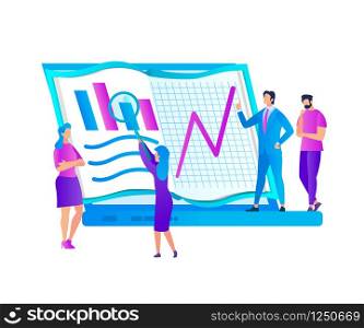 Group of Male and Female People Stand at Huge Laptop and Learning Graphs and Charts. Woman Hold Magnifier. Man in Suit. Teachers and Students. Educational Process. Isolated. Flat Vector Illustration. Group of People at Huge Laptop Learning Graphs