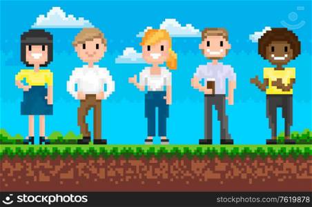 Group of man and woman characters standing on grass, portrait view of smiling superheroes, pixel game, team on adventure platform, choose hero vector. People for pixelated 8 bit games. Choose Superhero, Adventure Pixel Game Vector