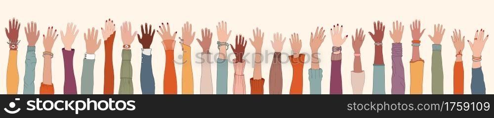 Group of many raised arms and hands.Diversity multiethnic people. Men and women of diverse culture and nations. Racial equality. Coexistence harmony. Multicultural community integration