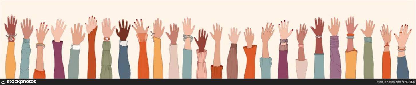 Group of many raised arms and hands.Diversity multiethnic people. Men and women of diverse culture and nations. Racial equality. Coexistence harmony. Multicultural community integration