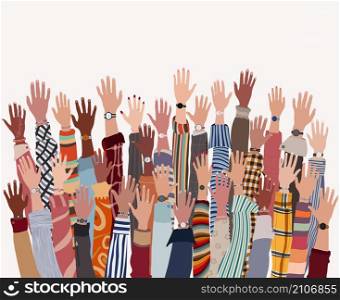 Group of many raised arms and hands of diverse multi-ethnic and multicultural people. Diversity people. Racial equality. Concept of teamwork community and cooperation.Diverse culture.Trust