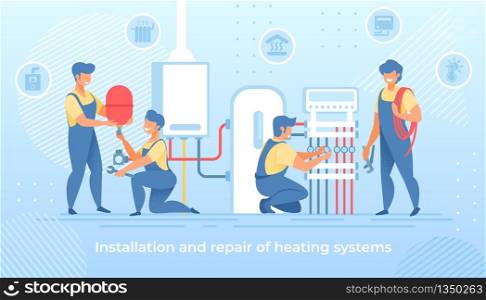 Group of Masters Make Installation and Repair of Electric Heating System at Home. Workers Handymen in Blue Overalls Setting Up Equipment and Wires Home Climate Control Cartoon Flat Vector Illustration. Installation and Repair of Electric Heating System