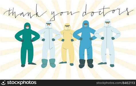Group of medical professionals in protection suits doing various funny poses for celebration. Vector art in minimal style.. Group of medical professionals in protection suits doing various funny poses for celebration.