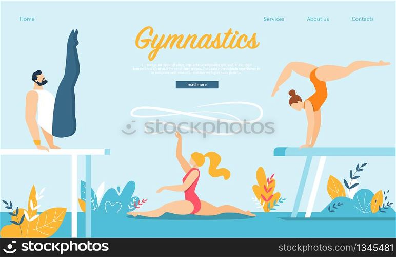 Group of Men and Women Gymnasts Practicing Gymnastics on Balance Beam and on Mats Outdoors Preparing for Olympic Games Competition or Championship, Sport Life. Cartoon Flat Vector Illustration, Banner. Gymnasts Practicing Gymnastics on Balance Beam