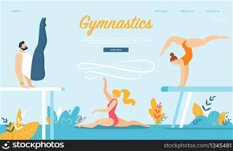 Group of Men and Women Gymnasts Practicing Gymnastics on Balance Beam and on Mats Outdoors Preparing for Olympic Games Competition or Championship, Sport Life. Cartoon Flat Vector Illustration, Banner. Gymnasts Practicing Gymnastics on Balance Beam