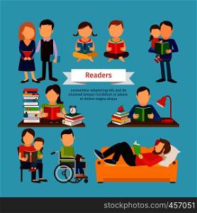 Group of men with books. People characters reading book or magazines set vector illustration in flat style. People characters reading book or magazines