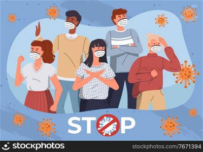 Group of mix race men and women wear face medical masks at blue background with flying virus pathogen. Stop crossed out sign, stop spreading coronavirus. Cartoon characters. Vector banner for website. Group of multinational people in medical masks at blue flat background with flying virus pathogen