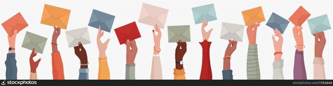 Group of multi-ethnic business people with raised arms holding an envelope. Colleagues or co-workers or friends.Diverse races and cultures. Email exchange.Share messages and information