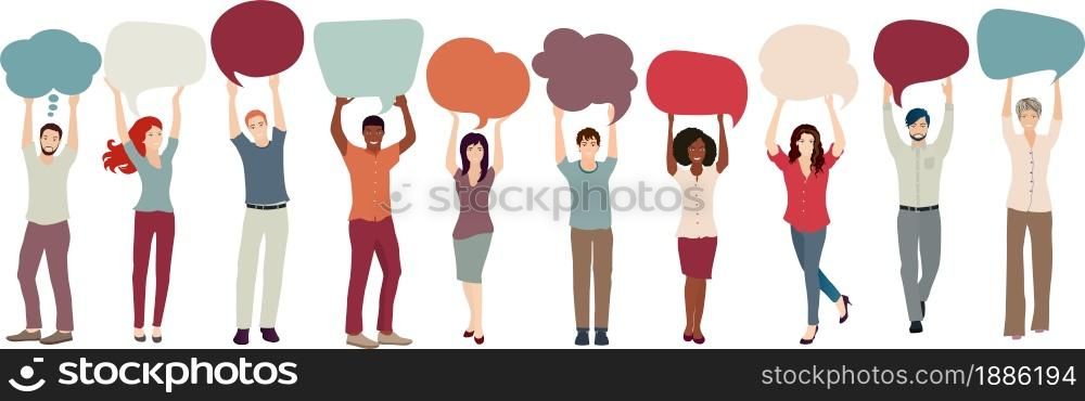 Group of multicultural and smiling young people of friends or coworkers colleagues - with raised arms holding blank speech bubble in hand. Communication and cooperation. Racial equality