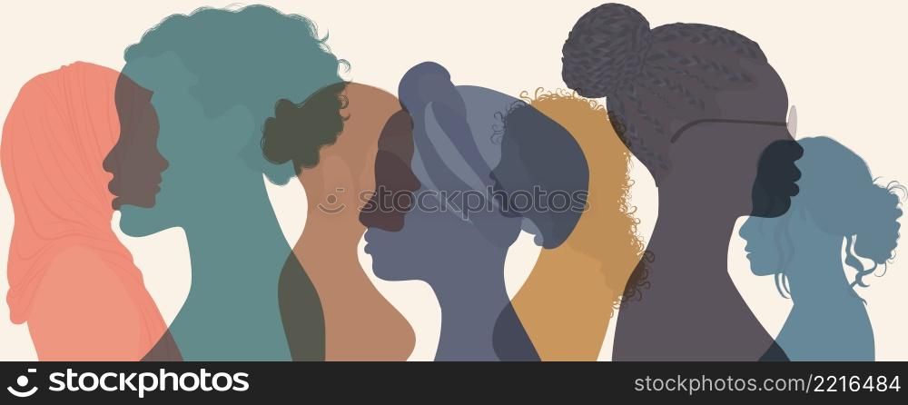 Group of multicultural diversity multiethnic women and girls - head silhouette profile. Female social network community of diverse culture. Racial equality. Empowerment. Colleagues.Team