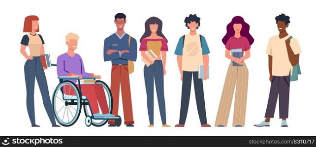 Group of multicultural students, disabled guy sitting in wheelchair. Young people in modern clothes standing. Teenagers in college or university cartoon flat isolated illustration. Vector concept. Group of multicultural students, disabled guy sitting in wheelchair. Young people in modern clothes standing. Teenagers in college or university cartoon flat illustration. Vector concept