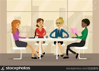 Group of Multicultural Women sitting in cafe,beauty female,flat vector illustration