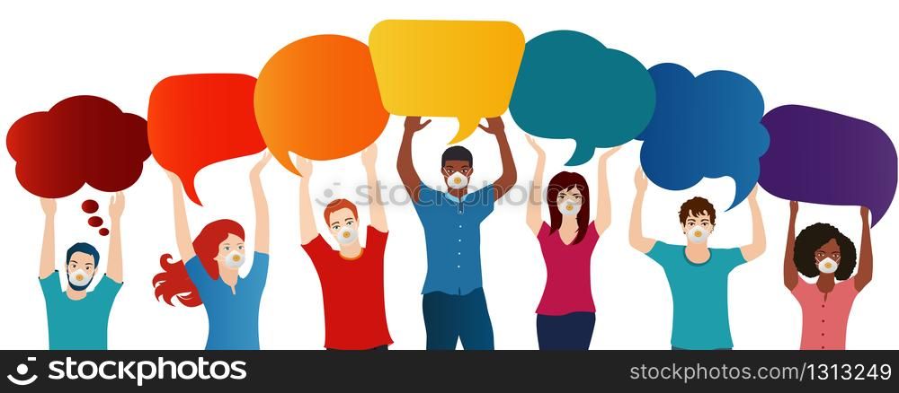 Group of multiethnic diverse people with medical mask holding empty speech bubble with message to customize. Quarantine of the covid-19 coronavirus infection pandemic. Upper body