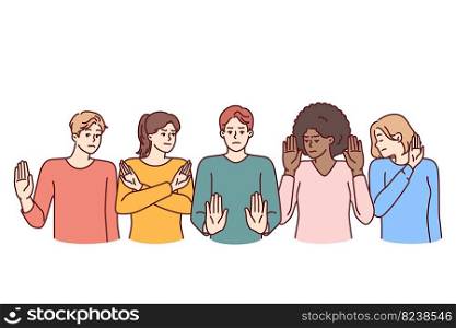Group of multiethnic people show stop gestures not wanting to accept discrimination. Multi-ethnic coalition of staff or students express negative emotions and protest against unacceptable actions. Group of multiethnic people show stop gestures not wanting to accept discrimination