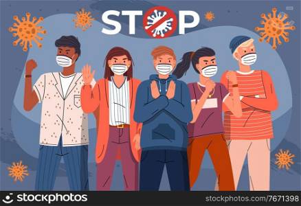 Group of multinational men and women protesting against world epidemic. Concept of coronavirus spreading. People show stop gesture and protesting against virus, crossed out sign, flying bacterias. Group of people in medical masks among dangerous flying virus, concept od spreading covid19