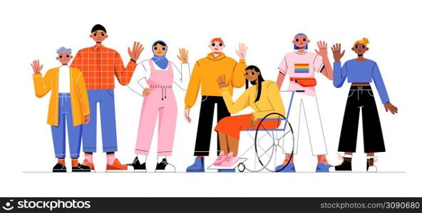 Group of multiracial people, girl in wheelchair, lgbt person and elderly woman . Concept of multiracial and multicultural community. Vector flat illustration of diverse characters. Multiracial people, girl in wheelchair, lgbt
