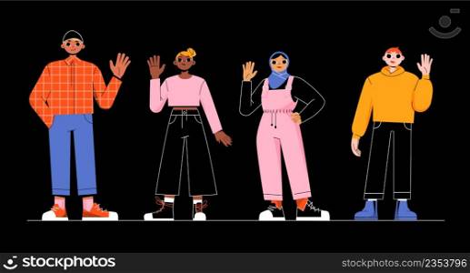Group of multiracial people, muslim and african american women, arab and caucasian men. Concept of diverse nation, multiracial team. Vector flat illustration of international students. Group of multiracial people, diverse nation