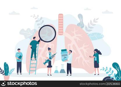 Group of of pulmonologists check condition and treat lungs. Doctor with magnifying glass examines respiratory organ. Concept of pulmonology, medicine. Healthcare banner. Flat vector illustration. Group of of pulmonologists check condition and treat lungs. Doctor with magnifying glass examines respiratory organ.