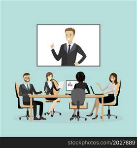 Group of office people or employees sit at the table,cartoon businessman and businesswomen communicate,online meeting or presentation,flat vector illustration
