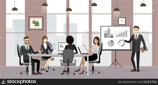 Group of office people or employees sit at the table,cartoon businessman and businesswomen communicate,modern office interior,business meeting or presentation,flat vector illustration