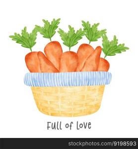 group of orange carrots vegetables watercolour in wooden vintage wicker basket vector hand painted illustration isolated on white background.