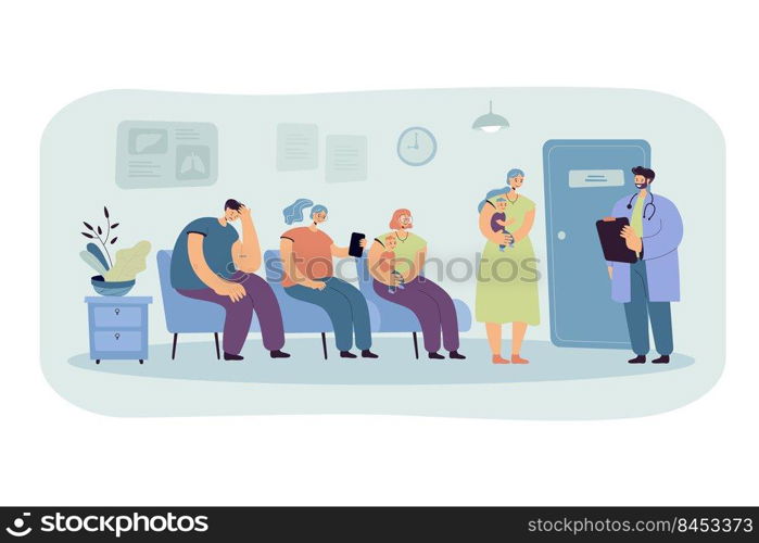 Group of patients waiting their turn at doctor office in clinic corridor. Moms with babies visiting therapist. Vector illustration for healthcare, medical service, visiting practitioner concept