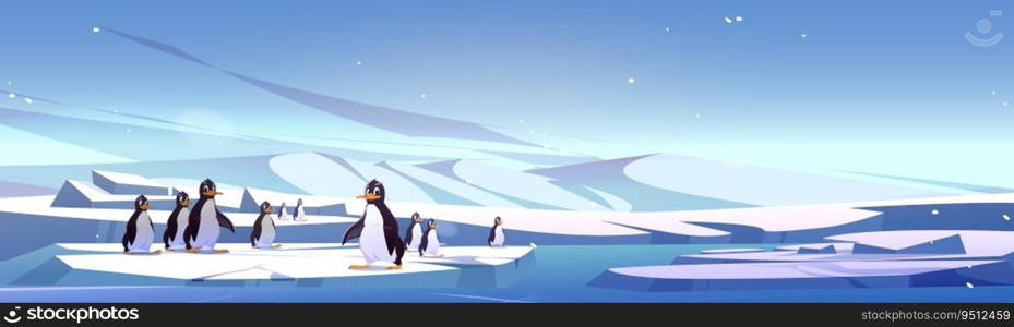 Group of penguins standing on ice landscape. Vector cartoon illustration of cute birds floating on large floe against background with piles of snow and cold ocean water. South Hemisphere wildlife. Group of penguins standing on ice landscape