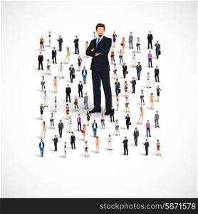 Group of people adult professionals business team with huge figure of young man vector illustration