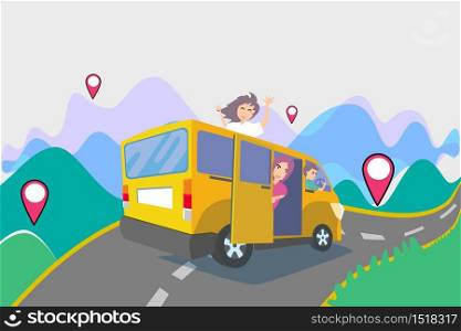 Group of people are Happy during travel by van