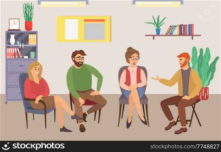 Group of people are sitting together on chairs and talking. The psychologist is asking questions. Conversation between persons and male psychologist or psychotherapist. Family psychotherapy session. Group of people are sitting together on chairs and talking. Family psychotherapy session
