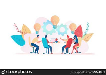 Group of people at the table discussing project ideas. Metaphor of the search for ideas. Concept of team office work, collaboration, brainstorming. Vector flat illustration.
