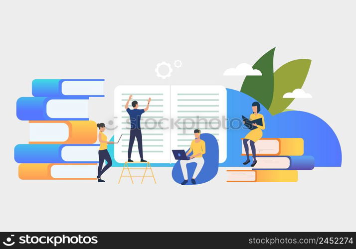 Group of people creating books. Authors, brainstorming, printing house, library. Business concept. Vector illustration for poster, presentation, new project