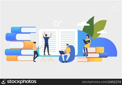 Group of people creating books. Authors, brainstorming, printing house, library. Business concept. Vector illustration for poster, presentation, new project