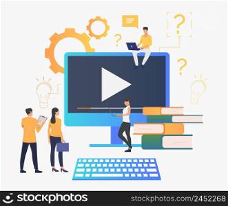 Group of people creating video. Video production, producer, film. Business concept. Vector illustration for poster, presentation, new project