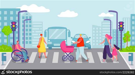 Group of people crossing city road. Characters going on crosswalk. Man walking with baby in pram. Person moving on pedestrian crossing on wheelchair. Mother with daughter kid vector. Group of people crossing city road. Characters going on crosswalk. Man walking with baby in pram. Person moving on wheelchair
