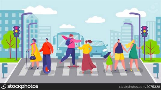 Group of people crossing city road, pedestrians walking on crosswalk. Characters cross street on pedestrian crossing Vector illustration. Boy and girl on skateboard and unicycle, woman with phone. Group of people crossing city road, pedestrians walking on crosswalk. Characters cross street on pedestrian crossing Vector illustration