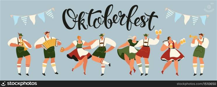 Group Of People Drink Beer Oktoberfest Party Celebration Man And Woman Wearing Traditional Clothes couples dance, musicians play Fest Concept Flat Vector Illustration.. Group Of People Drink Beer Oktoberfest Party Celebration Man And Woman Wearing Traditional Clothes couples dance, musicians play. Fest Concept Flat Vector Illustration.