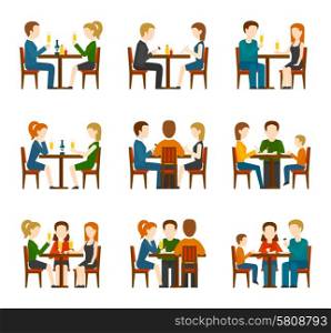 Group of people eating and talking in restaurant or cafe flat icons set isolated vector illustration. People In Restaurant Set