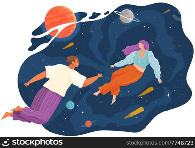 Group of people flying to the stars in space with planets. Couple man and woman floating in imagination dreams. Male and female person flying in sky with stars wearing casual clothes flat style vector. Group of people flying to the stars in space with planets. Man and woman floating in dreams