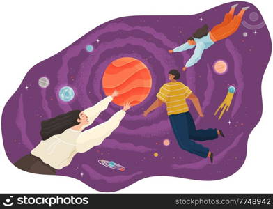 Group of people flying to the stars in space with planets. Couple man and woman floating in imagination dreams. Male and female person flying in sky with stars wearing casual clothes flat style vector. Group of people flying to the stars in space with planets. Man and woman floating in dreams