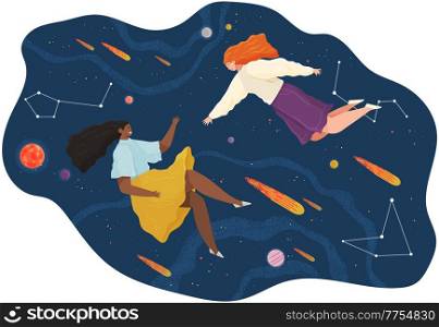 Group of people flying to the stars in space with planets. Two women girlfriends floating in imagination dreams. Cartoon female person flying in sky with stars wearing casual clothes flat style vector. Group of people flying to the stars in space with planets. Two women girlfriends floating in dreams