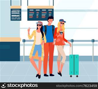 Group of people friends standing in airport, female photographing in mirror. Man and woman posing with baggage in departure lounge, traveler vector. Family travel. Flat cartoon. Friends Travelers Taking Selfie in Airport Vector